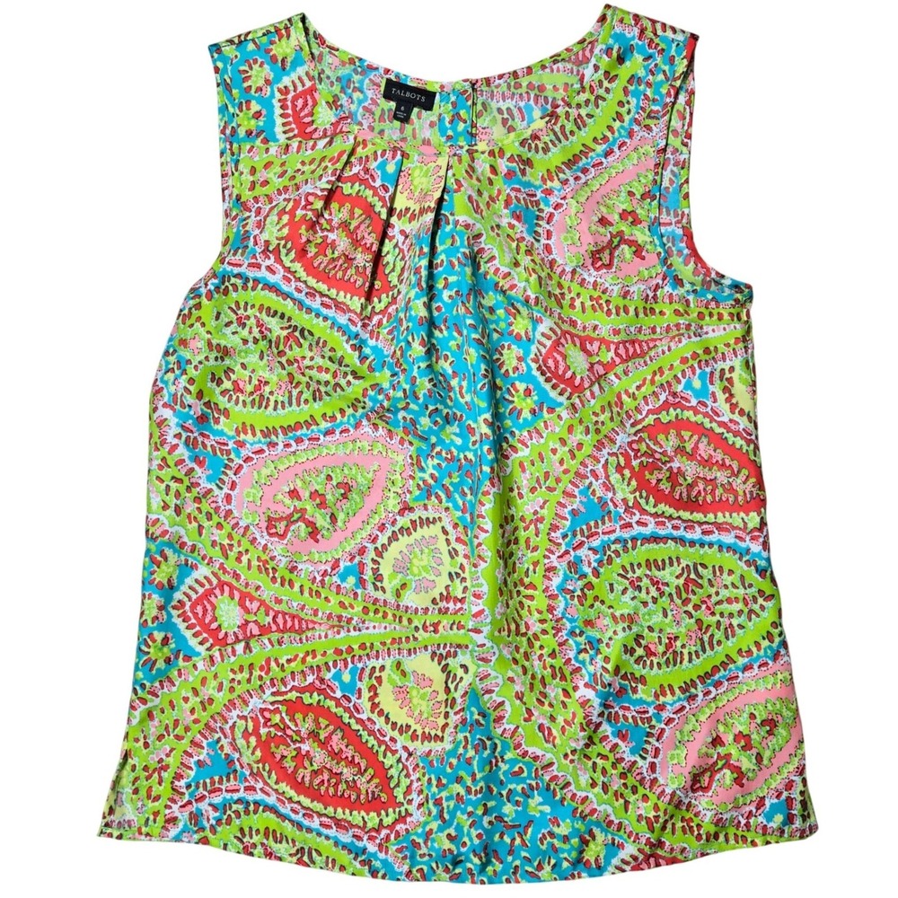 Talbots Satin Sleeveless Paisley Print Pleated Neck Blouse Green Pink Blue Sz‎ 6
